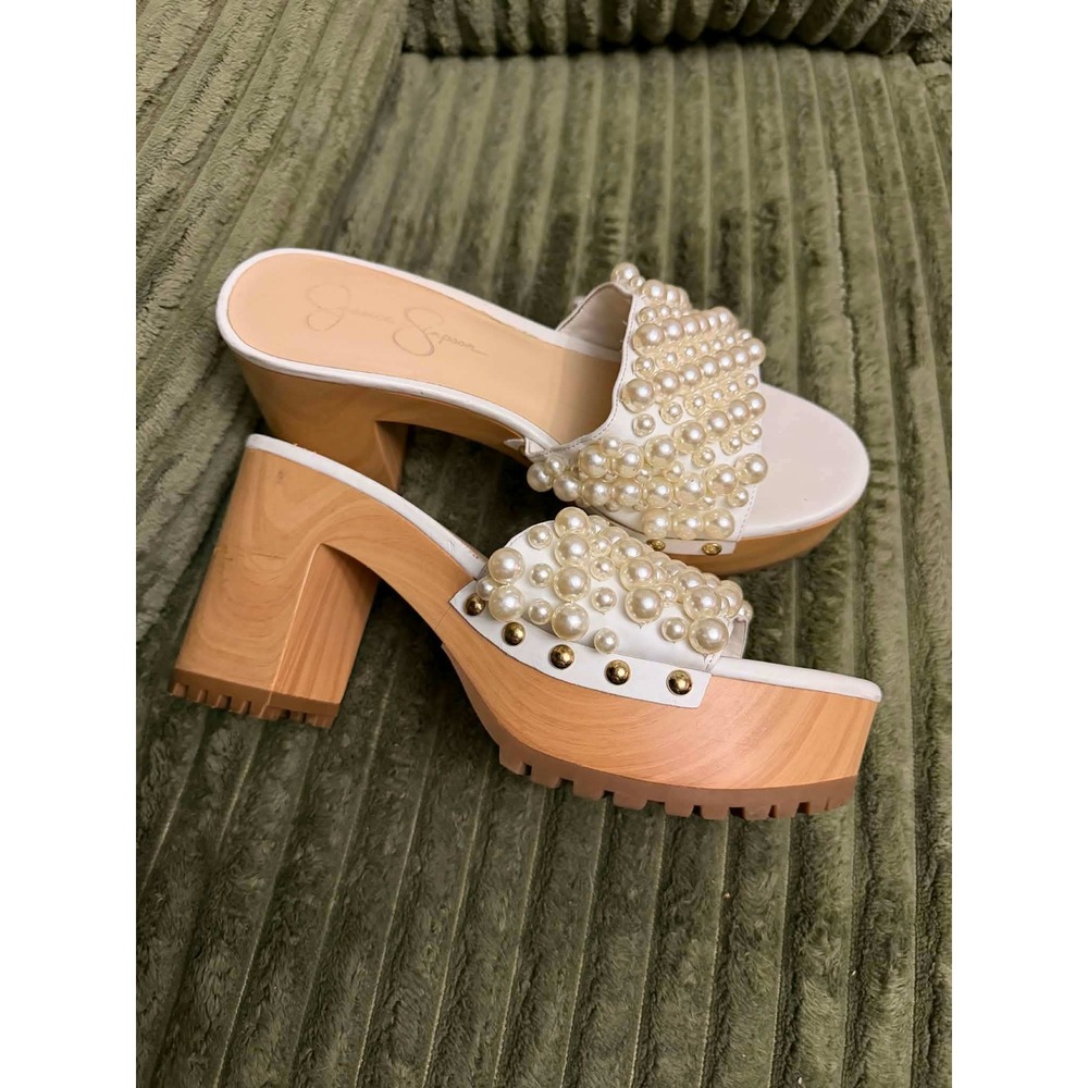 Jessica Simpson 8.5 White Pearl Chunky Platform Lug Sole Block Heel Mules Sandal